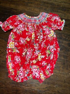 Red Floral Smocked Baby One-Piece Romper